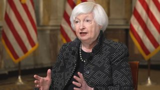 Treasury Secretary Janet Yellen speaking with CNBC’s Sara Eisen (not shown) at the U.S Treasury Department on Jan. 8th, 2024.