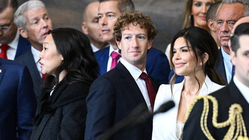 (L-R) Priscilla Chan, CEO of Meta and Facebook Mark Zuckerberg, and Lauren Sanchez attend the inauguration ceremony before Donald Trump is sworn in as the 47th US President in the US Capitol Rotunda in Washington, DC, on January 20, 2025. 