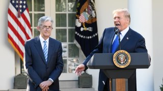President Donald Trump, right, speaks as Jerome Powell, Trump’s nominee as chairman of the Federal Reserve, listens during a nomination announcement in the Rose Garden of the White House in Washington, D.C., Nov. 2, 2017.