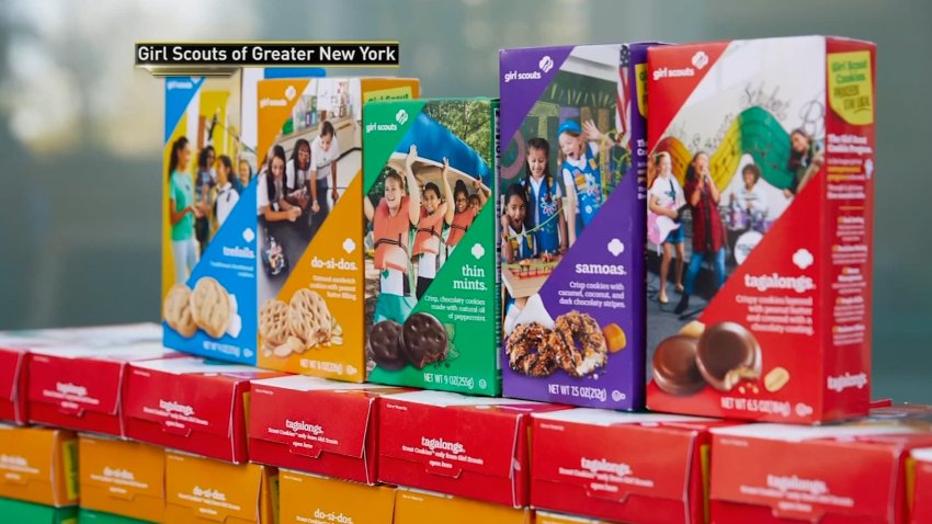 A stack of boxes of Girl Scout Cookies.