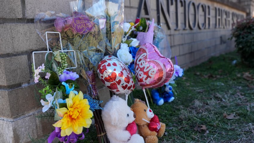 Flowers and stuffed animals are seen at a memorial for victims of a shooting at Antioch High School, Thursday, Jan. 23, 2025, in Nashville, Tenn.