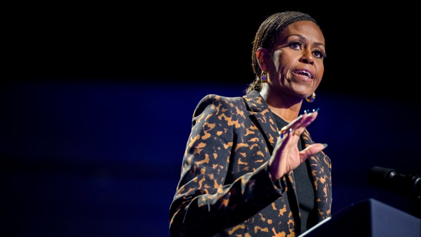 KALAMAZOO, MICHIGAN - OCTOBER 26: Former first lady Michelle Obama speaks ahead of the arrival of Democratic presidential nominee, U.S. Vice President Kamala Harris during a campaign rally at the Wings Event Center on October 26, 2024 in Kalamazoo, Michigan.