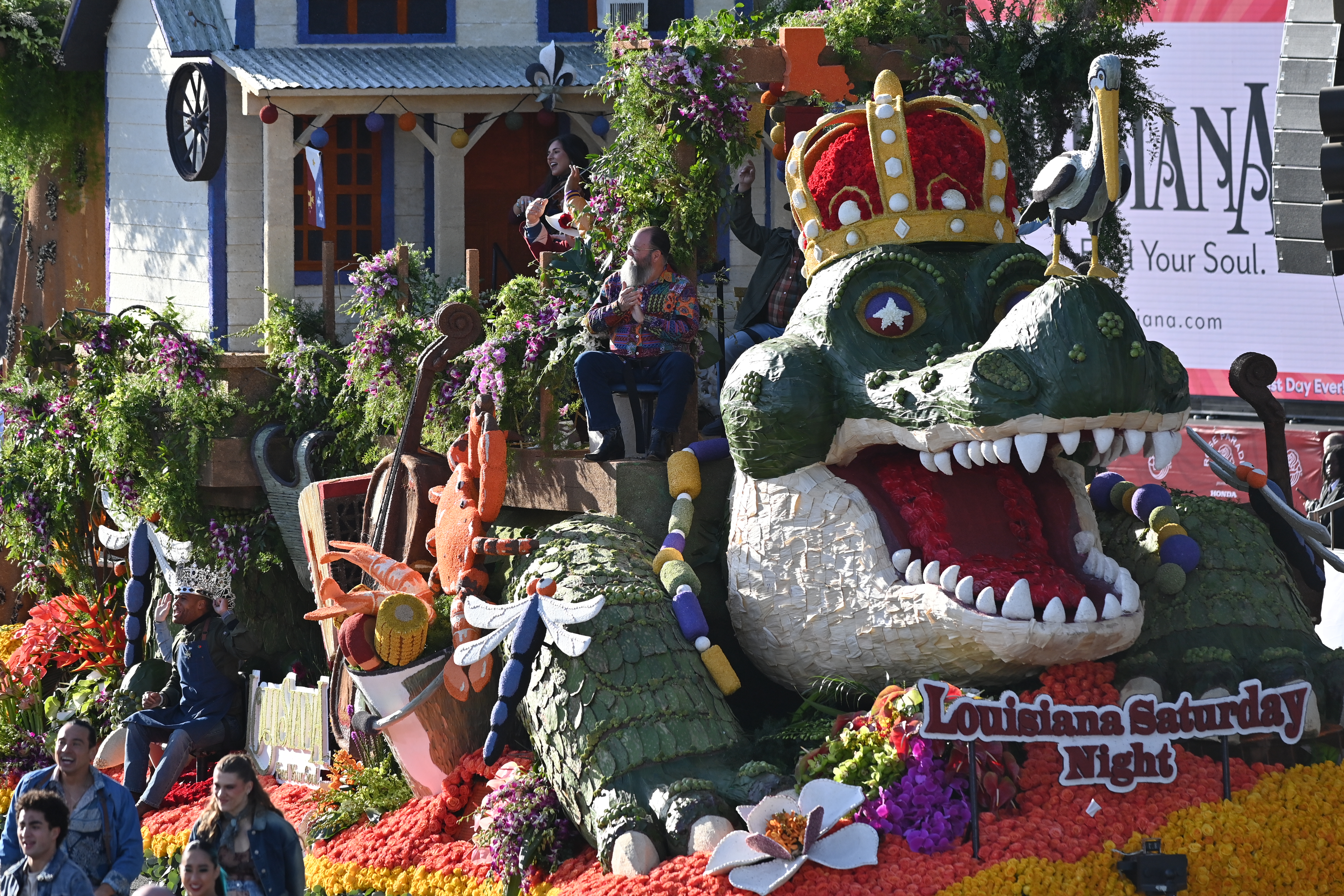 The Louisiana Office of Tourism float participates in the 136th Rose Parade Presented By Honda on January 01, 2025 in Pasadena.