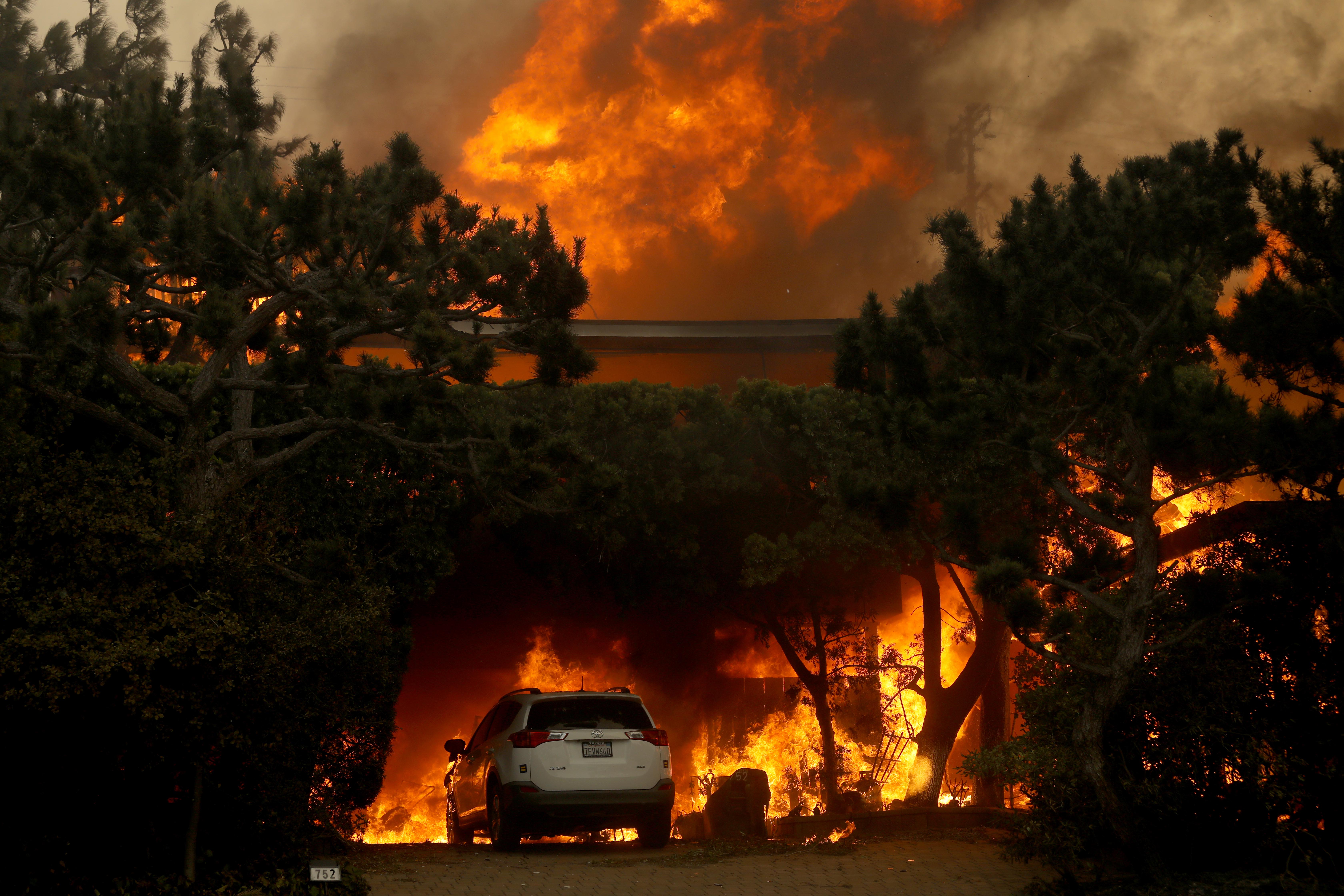 A home is fully engulfed by the Palisades fire along Haverford Avenue in Pacific Palisades on January 7, 2025.