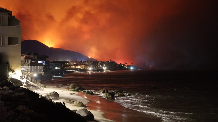 A view of the coast as flames rage across Los Angeles, California, United States on January 09, 2025.