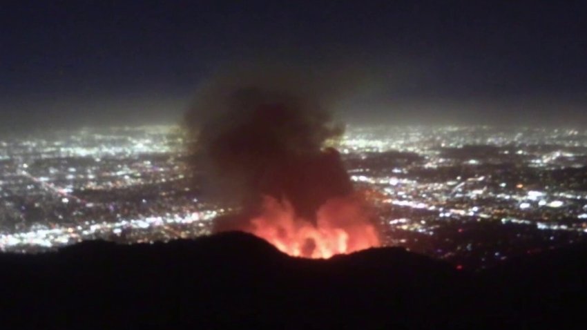 A brush fire broke out Tuesday Jan. 7, 2025 in the Eaton Canyon area of Altadena as Southern California braced for a night of strong winds.