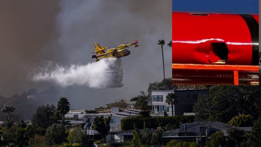 A Super Scooper drops ocean water on a hillside as the Palisades fire rages on Tuesday, Jan. 7, 2025 in Pacific Palisades. Inset: Photo of damage caused by Jan. 9, 2025 drone strike.