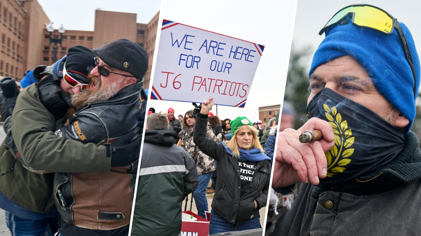 Convicted January 6th insurrectionists and supporters of Donald Trump embrace outside the jail in Washington D.C. following a pardon by President Donald Trump, Tuesday, January 21, 2025. (Photo by Dominic Gwinn / Middle East Images / Middle East Images via AFP) (Photo by DOMINIC GWINN/Middle East Images/AFP via Getty Images)