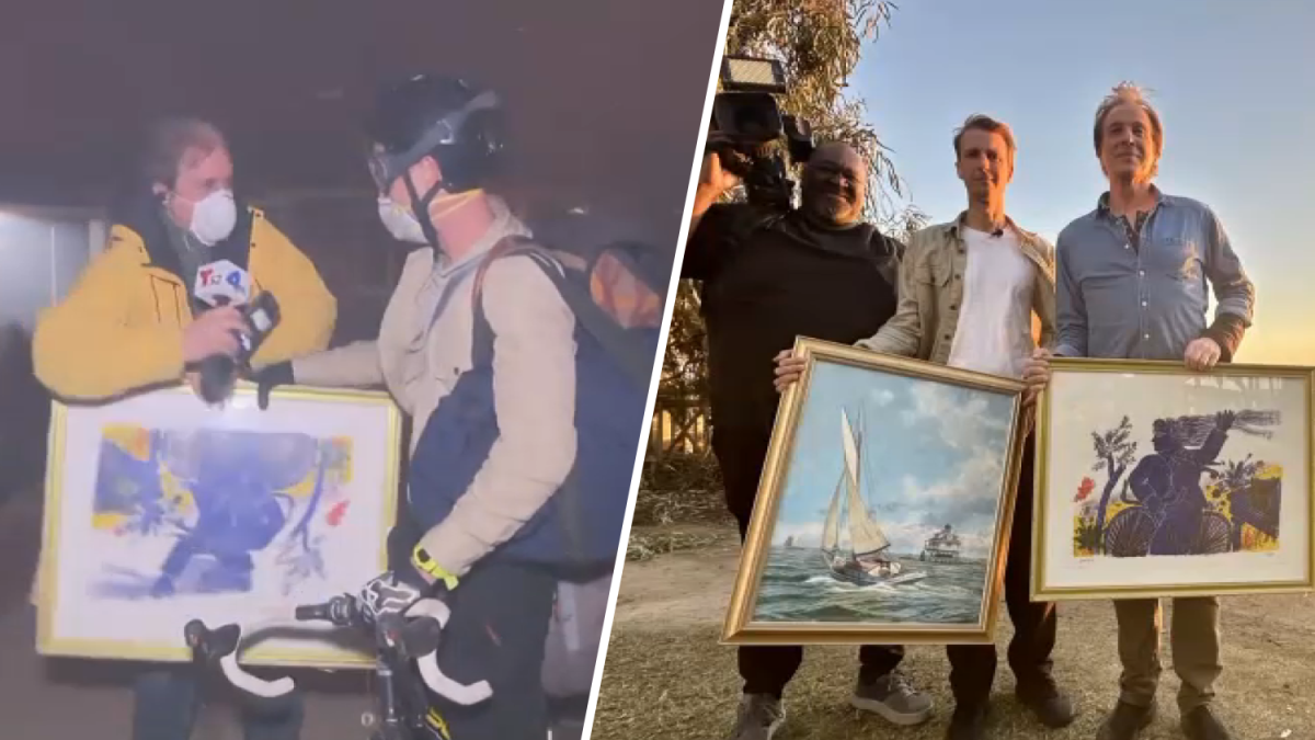 Man who fled Palisades Fire on bike is reunited with his paintings – NBC Los Angeles