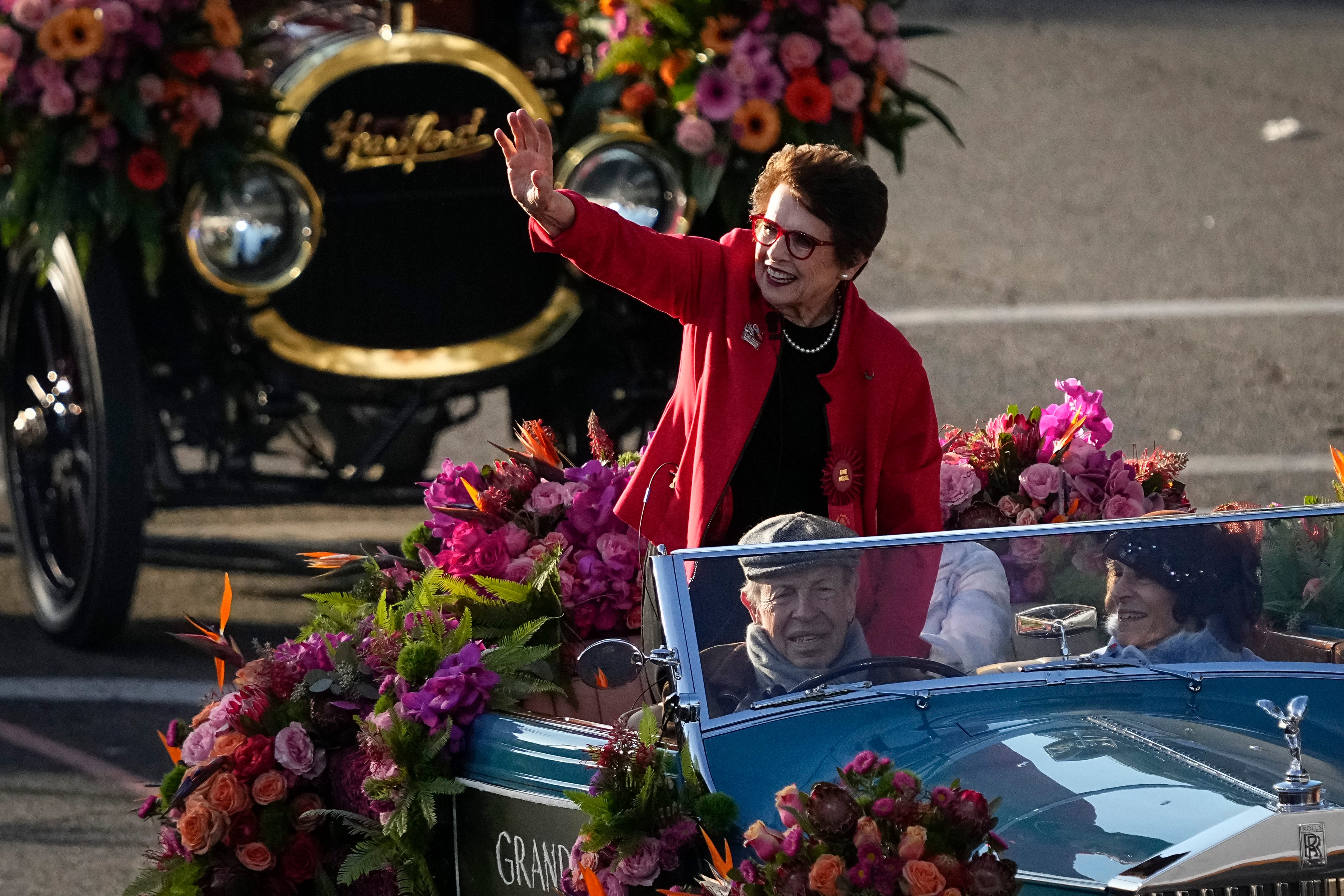 Tournament of Roses Grand Marshal Billie Jean King waves during the Tournament of Roses parade in Pasadena, Calif. on Jan. 1, 2025. The Ohio State Buckeyes play the Oregon Ducks in the Rose Bowl.