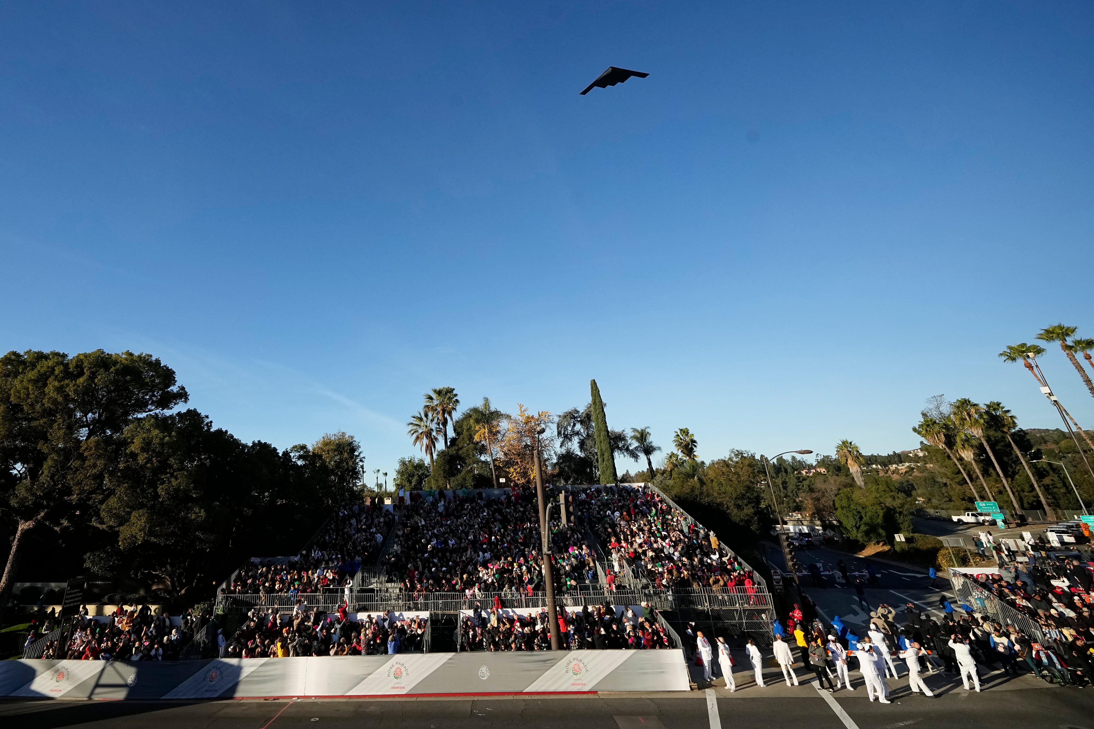 The United States Air Force B-2 Spirit flies over the Tournament of Roses parade in Pasadena, Calif. on Jan. 1, 2025. The Ohio State Buckeyes play the Oregon Ducks in the Rose Bowl.