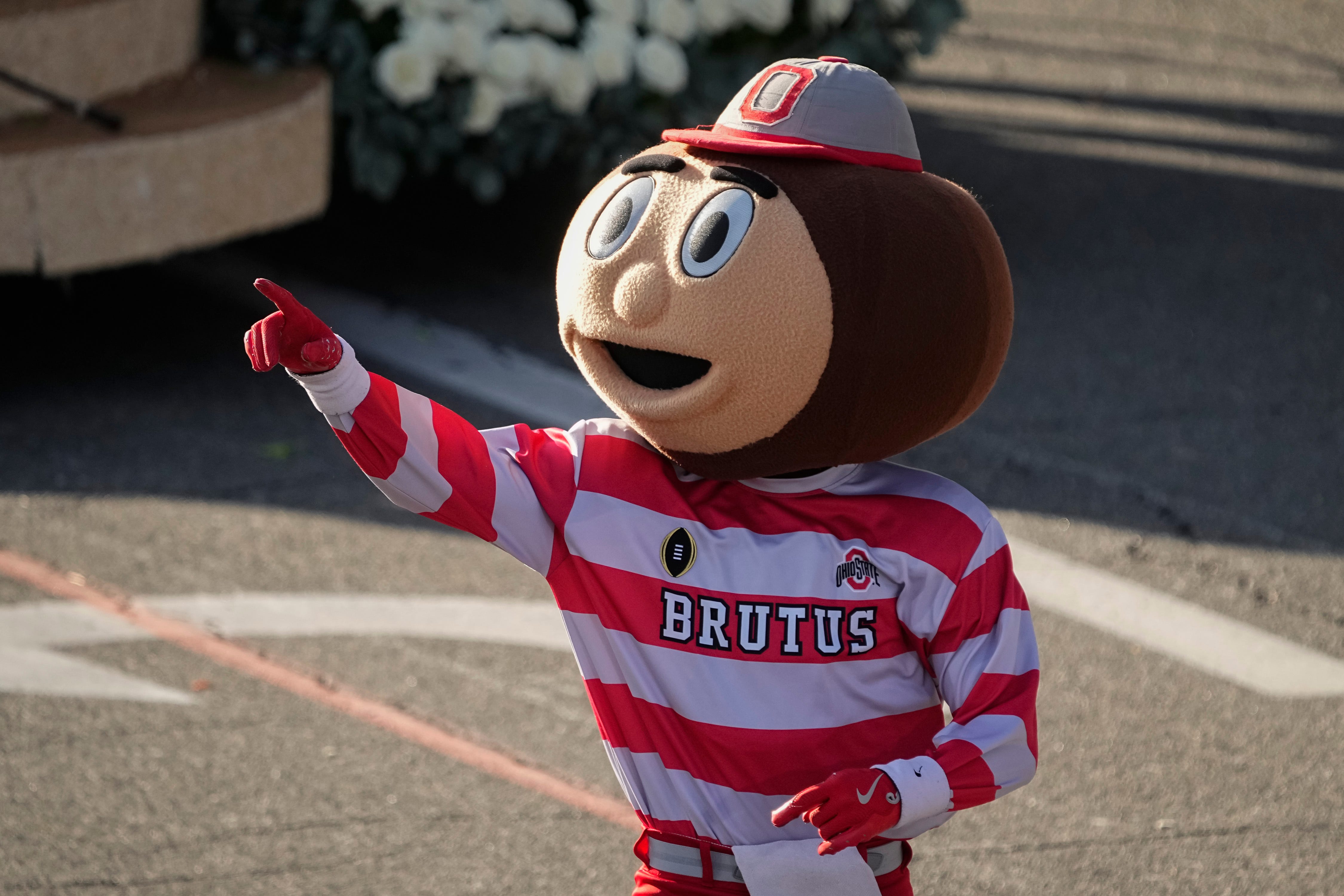 Ohio State Buckeyes mascot Brutus leads the spirit squad and marching band in the Tournament of Roses parade in Pasadena, Calif. on Jan. 1, 2025. The Ohio State Buckeyes play the Oregon Ducks in the Rose Bowl.