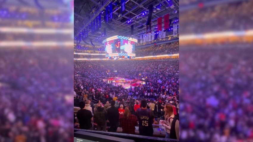 A crowd at a basketball game at Scotiabank Arena.