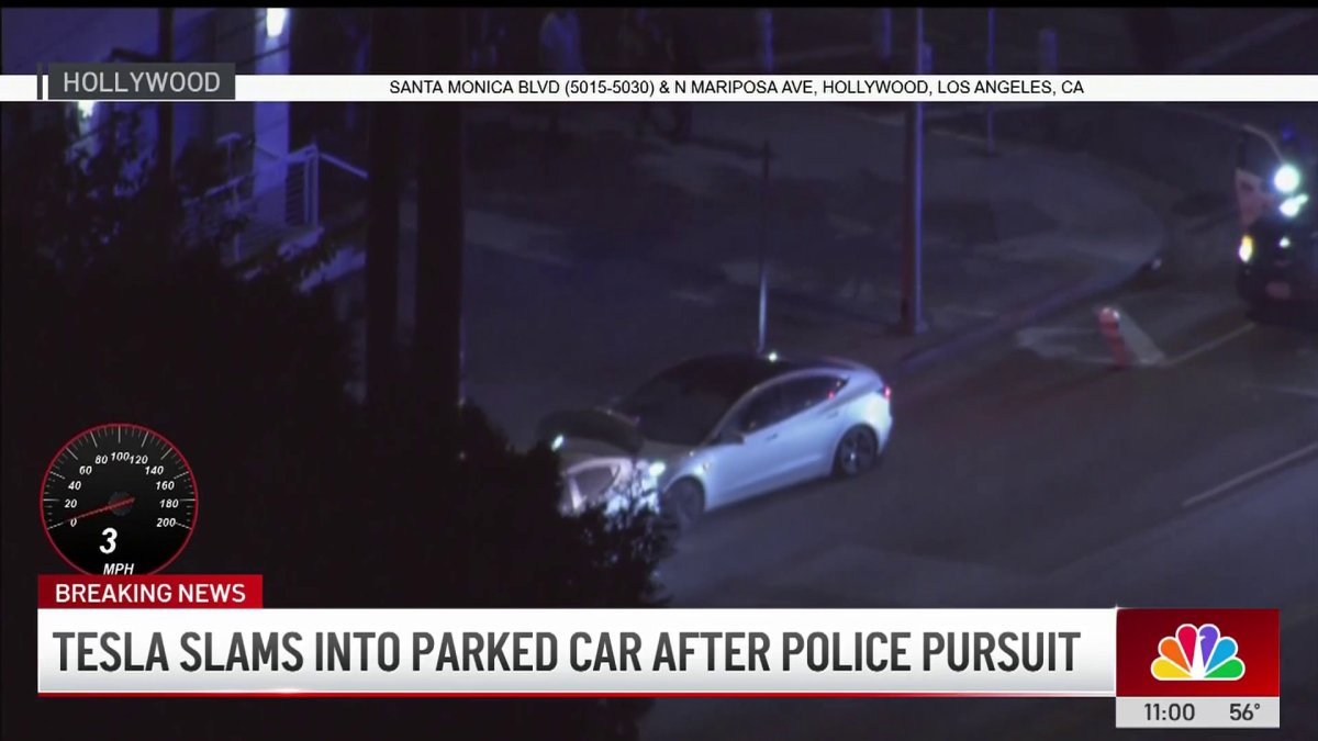 Tesla slams into parked car after police pursuit in Hollywood