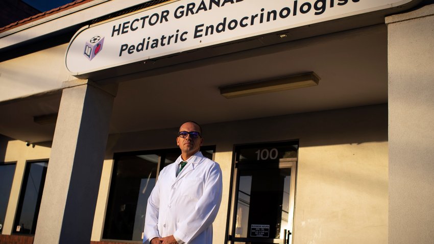 Pediatric endocrinologist Dr. Hector Granados poses for a photo outside his private practice in El Paso, Texas, Tuesday, Jan. 21, 2025.