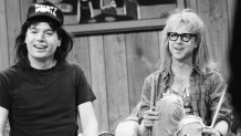 SATURDAY NIGHT LIVE -- Episode 16 -- Pictured: (l-r) Mike Myers as Wayne Campbell, Dana Carvey as Garth Algar during the 'Wayne's World' skit on March 23, 1991  (Photo by Alan Singer/NBCU Photo Bank/NBCUniversal via Getty Images via Getty Images)