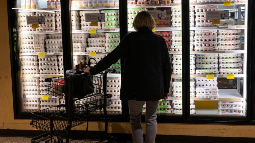 Eggs are displayed for sale in a Manhattan grocery store on February 25, 2025 in New York City. The wholesale price for a dozen eggs in U.S. cities hit $4.95 last month. That is more than 50% higher than this time last year and is beginning to affect household budgets.