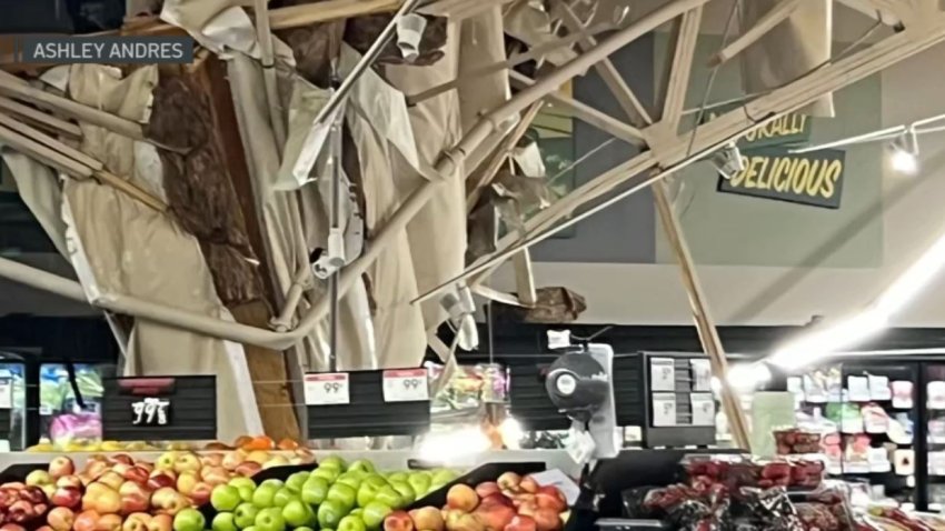 Part of an Azusa grocery store roof collapsed Thursday Feb. 13, 2025.