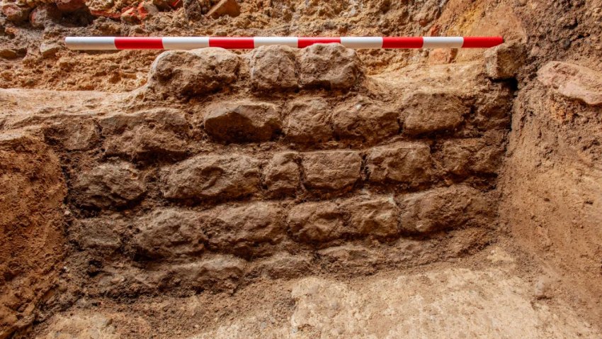 An original Roman limestone wall unearthed in central London.