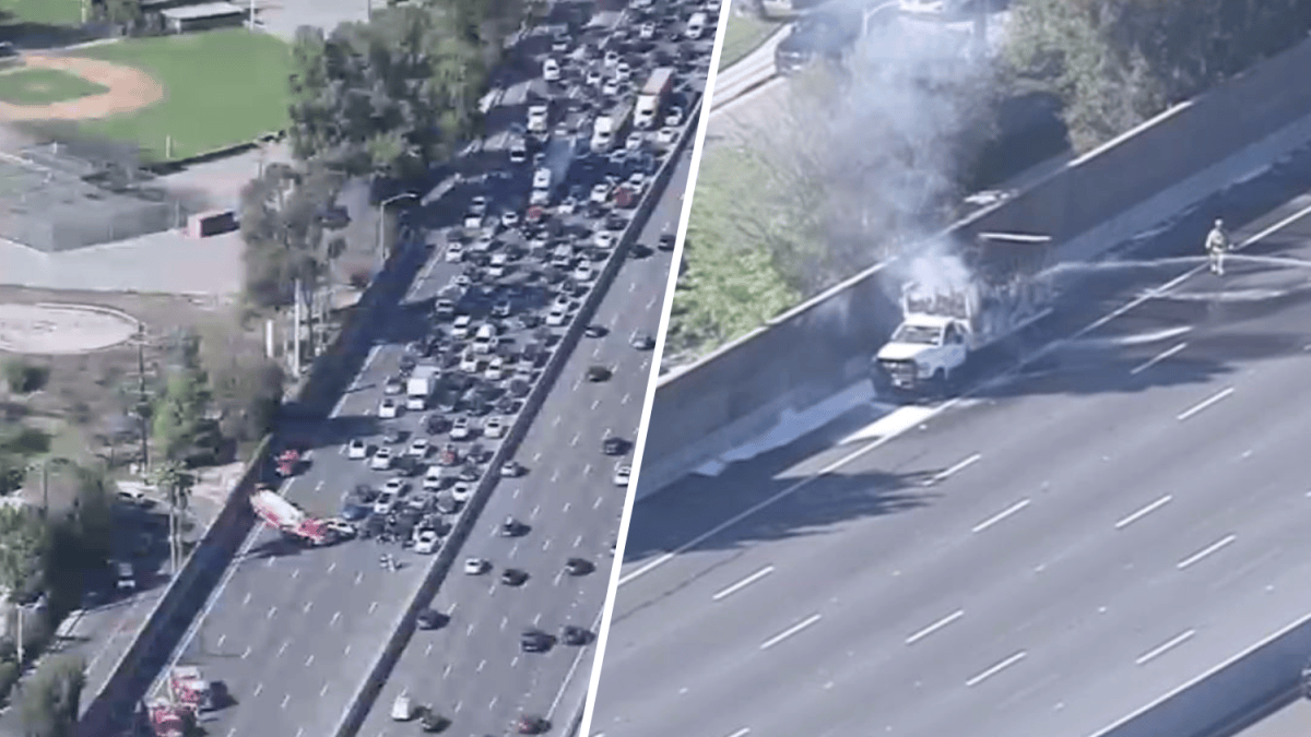 Box truck with load of propane tanks burns on 101 Freeway in Encino ...