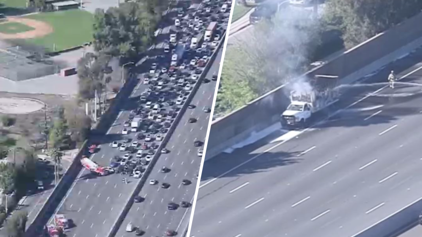 A box truck carrying propane tanks burned on the 101 Freeway in Encino Wednesday Feb. 26, 2025.