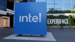 A sign is posted in front of Intel headquarters in Santa Clara, California, on Aug. 1, 2024.