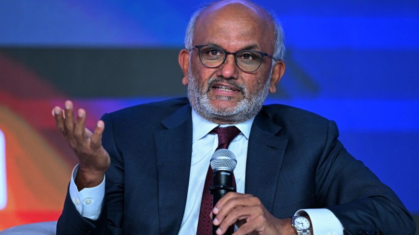 Shantanu Narayen, Chairman and CEO of Adobe Systems addresses the gathering on the first day of the three-day B20 Summit in New Delhi on August 25, 2023.