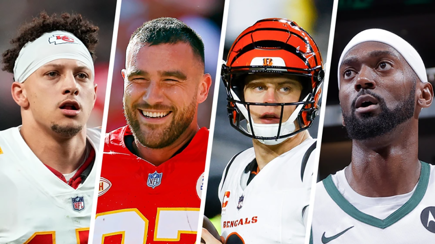 Split image of Patrick Mahomes, Travis Kelce, Joe Burrow and Bobby Portis