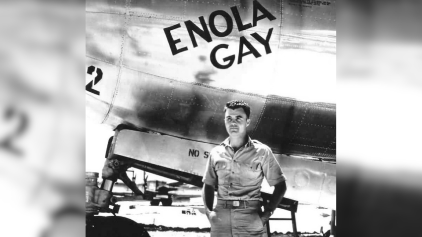 Japan/USA: Colonel Paul Tibbets standing by the Enola Gay’s cockpit before taking off for the bombing of Hiroshima, 6 August 1945. (Photo by: Pictures from History/Universal Images Group via Getty Images)