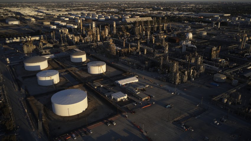 The Torrance Refining Co. in Torrance, California, U.S., on Monday, Feb. 28, 2022. The U.S. and its allies are discussing a coordinated release of about 60 million barrels of oil from their emergency stockpiles after Russias invasion of Ukraine pushed crude prices above $100. Photographer: Bing Guan/Bloomberg via Getty Images