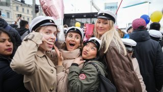 People celebrate International Workers’ Day in Helsinki, Finland.