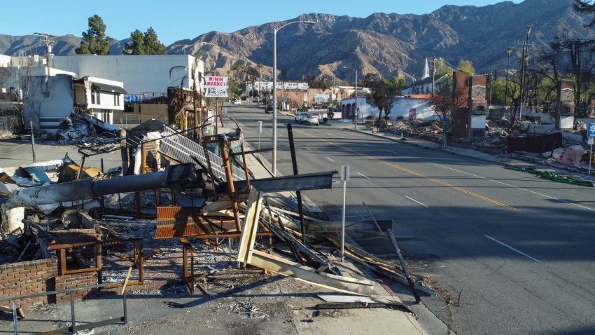 ALTADENA, CA – MARCH 09: A large billboard destroyed by the Eaton Fire lie in ruins on March 9, 2025 in Altadena, California. The clean-up and rebuilding process following the devastating Eaton Fire is still underway. (Photo by I RYU/VCG via Getty Images)