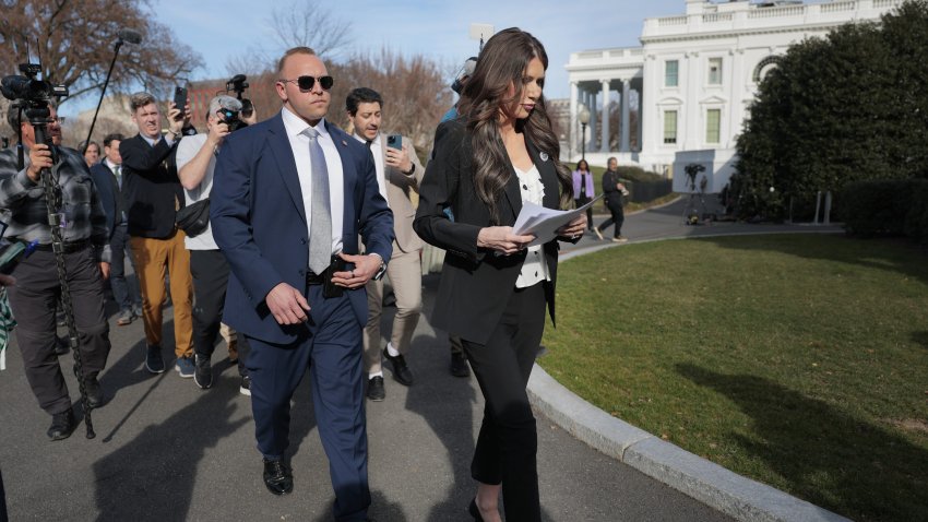 WASHINGTON, DC – MARCH 10: U.S. Department of Homeland Security Secretary Kristi Noem walks past reporters after doing a TV interview with Fox News outside of the White House on March 10, 2025 in Washington, DC. Noem spoke in her interview about recent actions by U.S. Immigration and Customs Enforcement (ICE) and their arrest of Mahmoud Khalil, a graduate student at Columbia University who led protests at the university’s protests against Israel. (Photo by Anna Moneymaker/Getty Images)