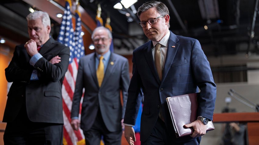 Speaker of the House Mike Johnson, R-La., center, departs a news conference, joined by, from left, Majority Whip Tom Emmer, R-Minn., and Rep. Andy Harris, R-Md., chairman of the House Freedom Caucus, after discussing the interim GOP spending bill that would keep federal agencies funded through Sept. 30, at the Capitol, in Washington, Tuesday, March 11, 2025.