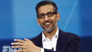 Sundar Pichai, C.E.O. of Google and Alphabet, speaks during the New York Times annual DealBook summit at Jazz at Lincoln Center on December 04, 2024 in New York City. 
