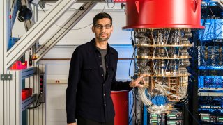 Sundar Pichai with one of Google’s Quantum Computers in the Santa Barbara lab, California, in October 2019.