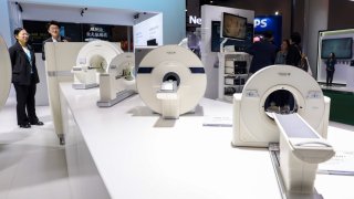 WUHAN, CHINA – APRIL 08: Models of United Imaging medical devices are on display during the 7th World Health Expo on April 8, 2025 in Wuhan, Hubei Province of China.