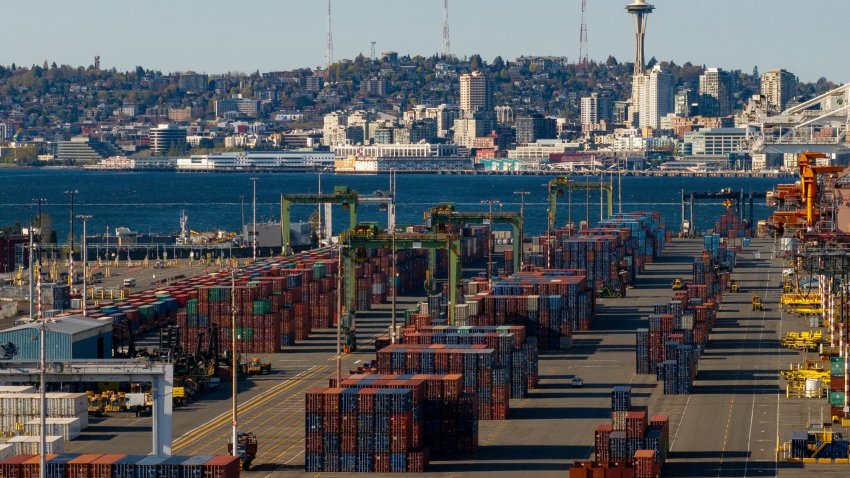Shipping containers at the Port of Seattle on April 16, 2025.