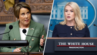 Split image of Maura Healey and Karoline Leavitt