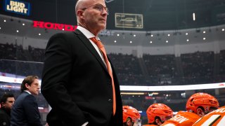 ANAHEIM, CA - APRIL 7: Head coach of the Anaheim Ducks, Greg Cronin, on the bench prior to the start of the game against the Edmonton Oilers on April 7, 2025 at Honda Center in Anaheim, California. (Photo by Debora Robinson/NHLI via Getty Images)