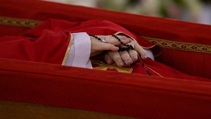 VATICAN CITY, VATICAN – APRIL 21:  (EDITOR NOTE: STRICTLY EDITORIAL USE ONLY – NO MERCHANDISING).  (EDITORS NOTE: This image depicts death.) The body of Pope Francis (hands detail) lies in state at the chapel of Casa Santa Marta during the Rite of Certification of Death presided by Cardinal Kevin Farrell on April 21, 2025 in Vatican City, Vatican. The Vatican announced that Pope Francis, 88, died “this morning at 07:35 local time (05:35 GMT) the Bishop of Rome, Francis, returned to the home of the Father”. His death comes after he appeared in St Peter’s Square yesterday, wishing thousands of worshippers “Happy Easter.” (Photo by Vatican Media via Vatican Pool/Getty Images)