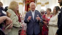 LONDON, ENGLAND – APRIL 30: King Charles III speaks to guests during a reception in celebration of community-based initiatives raising awareness about cancer and supporting those living with cancer at Buckingham Palace on April 30, 2025 in London, England.