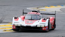 IMSA teams speed through the bus stop during practice in preparation for the Rolex 24 at Daytona at Daytona International Speedway, Thursday, Jan. 23, 2025.