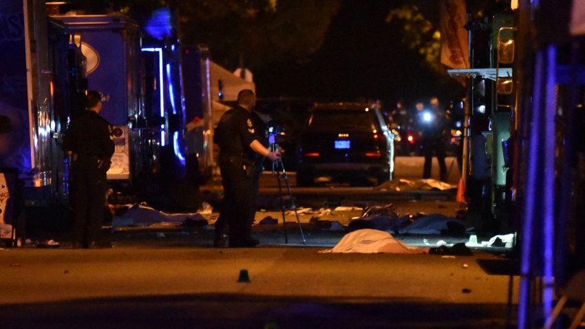 Vancouver police investigate a crime scene after a man drove into pedestrians at the annual Lapu Lapu festival celebrating Filipino culture in the south of Vancouver on April 26, 2025.