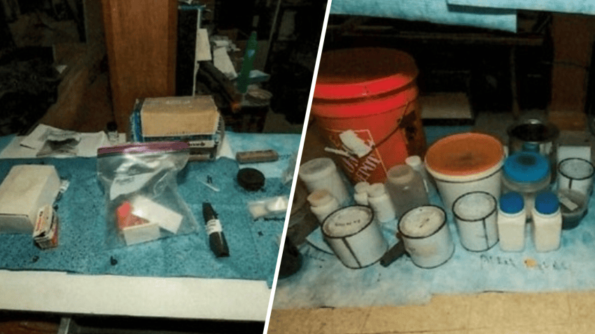 A split screen image showing two photos with numerous potentially hazardous chemicals and radiological substances (radioactive materials; alkali metals; acids; oxidizers; arsenic; and other substances)