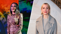Host Michelle Williams speaks onstage during the 2023 Beloved Community Awards at Hyatt Regency Atlanta (left) and Michelle Williams attends the Ralph Lauren Collection Fall 2025 (right)