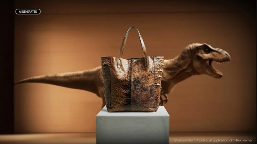 An artificial intelligence visualization of a T. rex handbag.