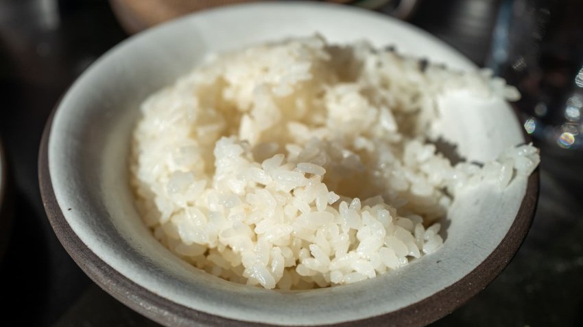 Bowl of white rice at Bamboo Sushi restaurant in San Ramon, California, January 23, 2022.
