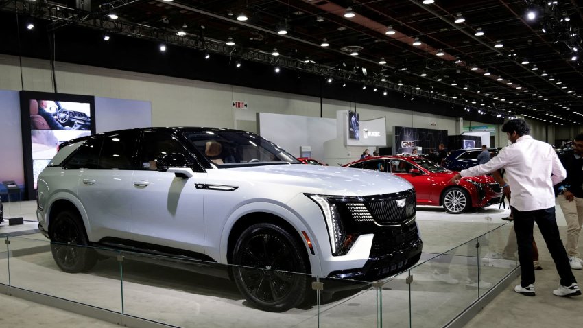 A Cadillac all-electric 2025 Escalade IQ luxury SUV is displayed during press day of the North American International Auto Show in Detroit, Michigan, September 14, 2023.