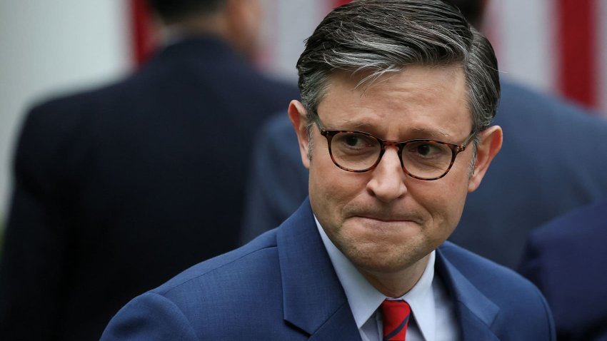 U.S. House of Representatives Speaker Mike Johnson (R-LA) looks on, after President Donald Trump delivered remarks on tariffs, in the Rose Garden at the White House in Washington, D.C., U.S., April 2, 2025. 